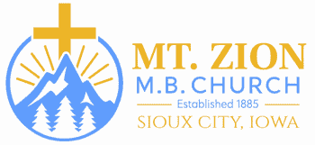 Mt. Zion Missionary Baptist Church logo featuring gold cross, blue mountains, and text “Mt. Zion M.B. Church – Sioux City, Iowa”