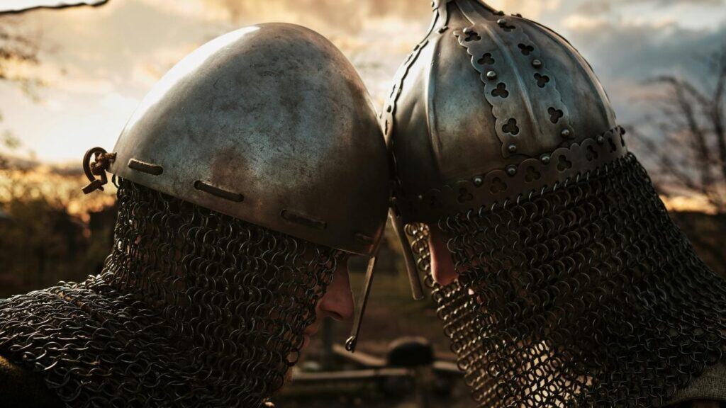 Knights facing off in battle to convey spiritual warfare